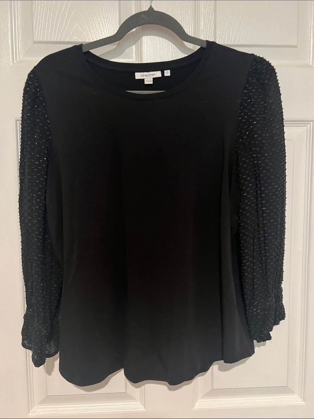 Chico's Black Knit Top with Textured Puff Sleeves